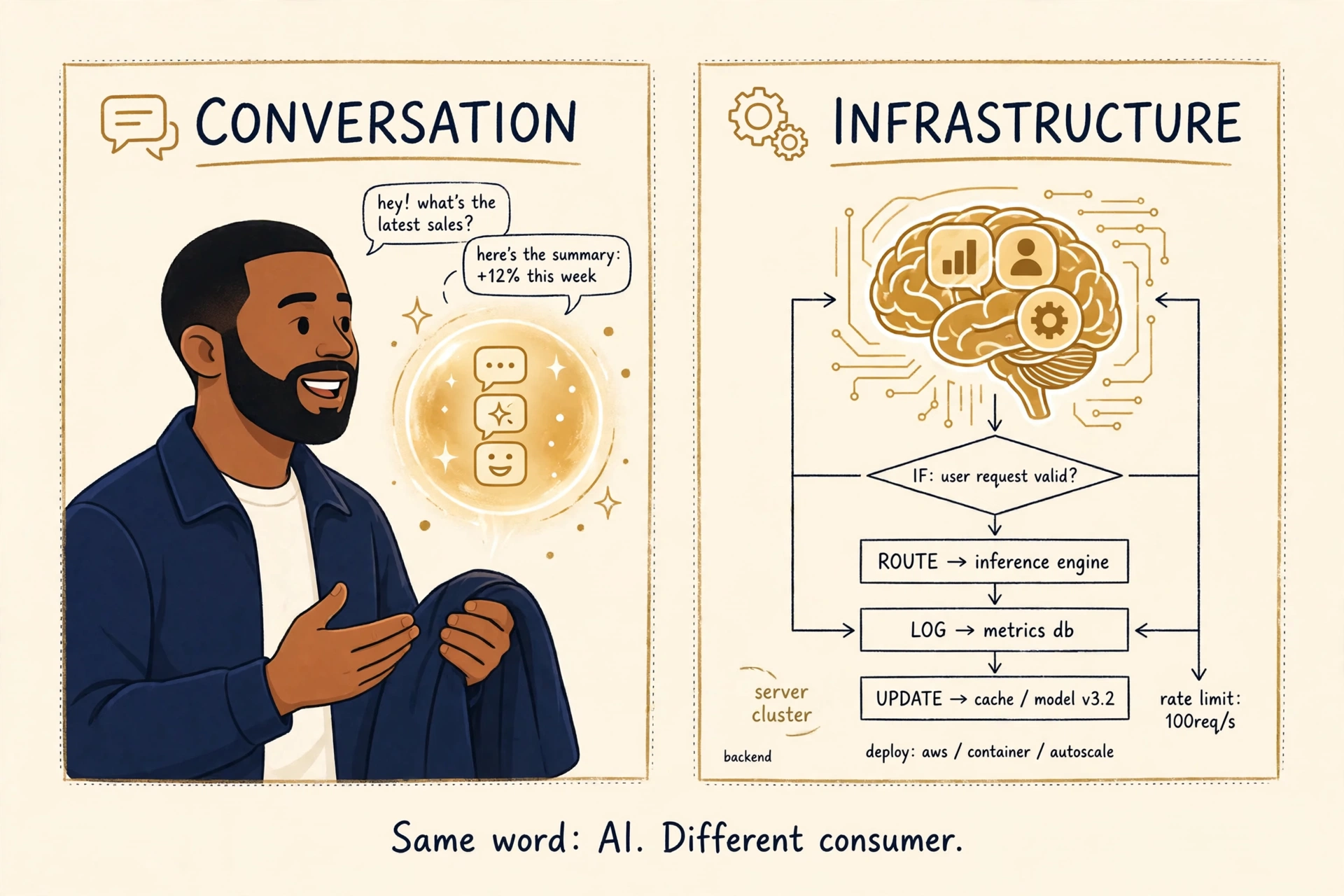 Two-panel illustration. Left: a person chatting with a glowing AI assistant, labeled Conversation. Right: a brain embedded in a software flowchart with an if-statement, labeled Infrastructure. Caption: Same word: AI. Different consumer.