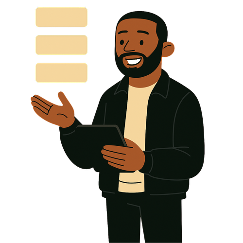 Illustrated caricature of Jeremy McKellar presenting with a tablet