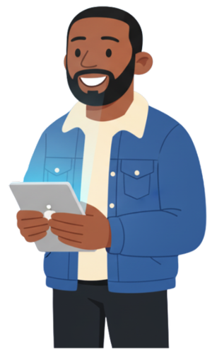 Illustrated caricature of Jeremy McKellar reading on a tablet