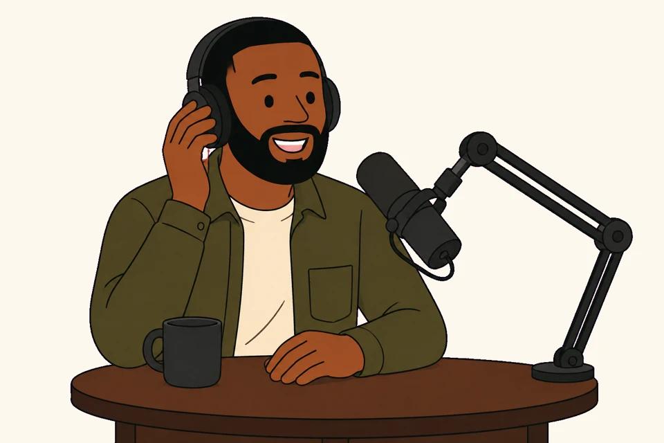 Jeremy wearing headphones and recording at a podcast microphone