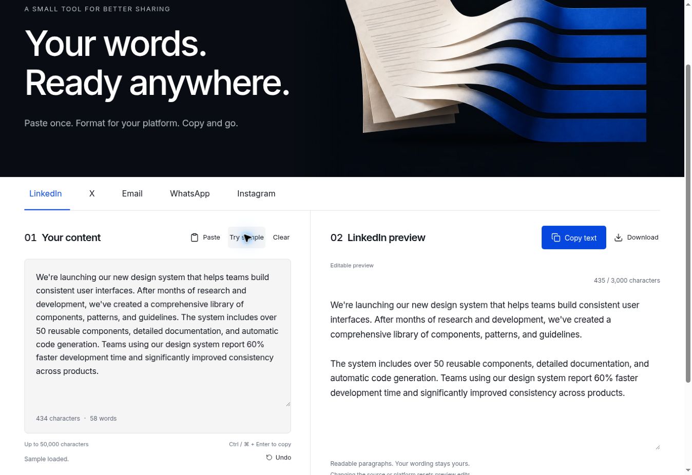 Universal Document Formatter’s refreshed interface showing five platform tabs, sample text, and an editable LinkedIn preview with copy and download controls