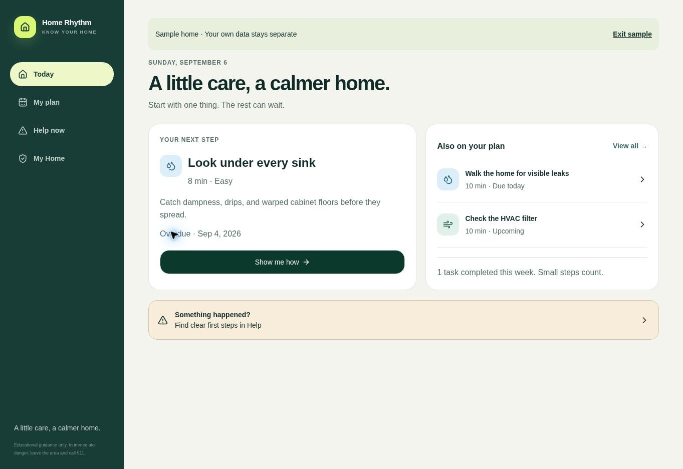 Home Rhythm’s sample home showing a suggested next check, maintenance dates, and a link to Help
