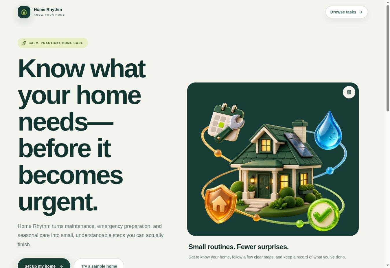 Home Rhythm’s live welcome page with its home-care illustration and introduction