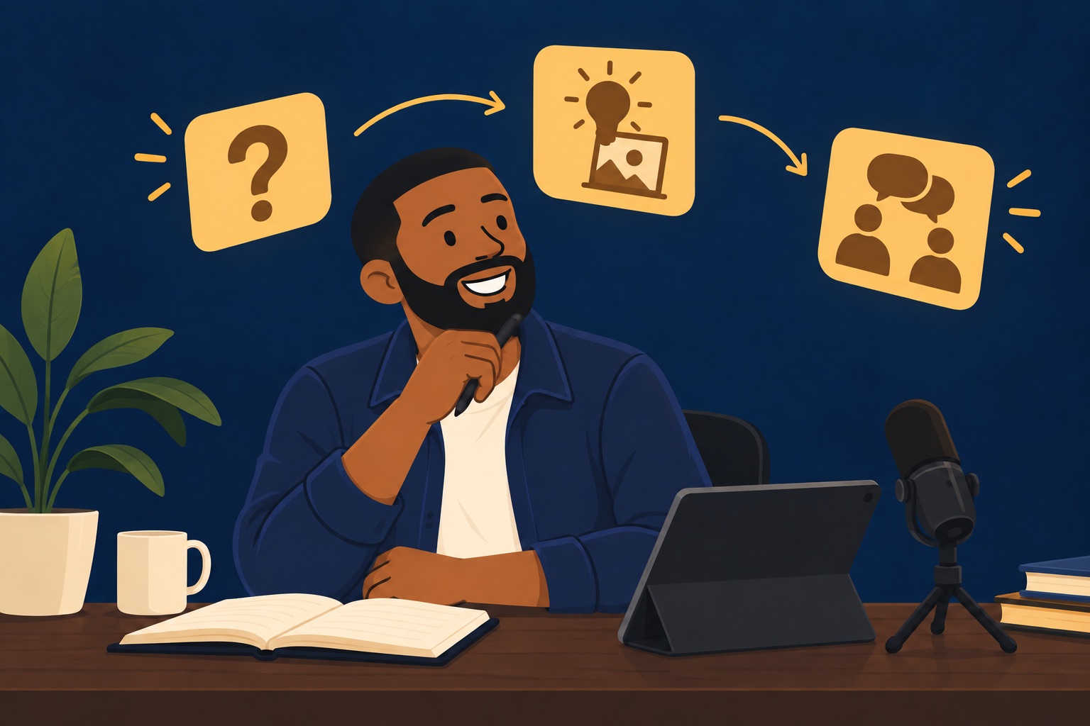 Illustration of Jeremy reflecting on an idea before sharing it in a conversation