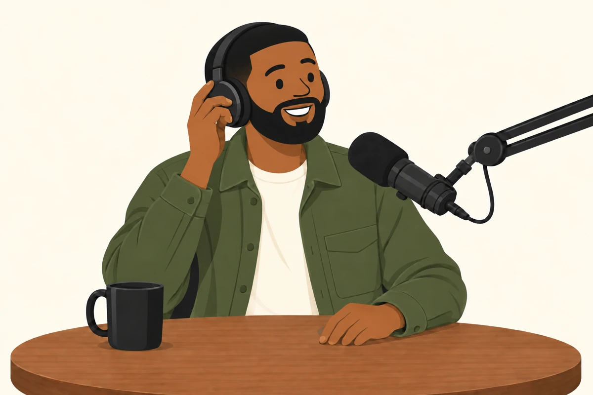 Jeremy wearing headphones and recording at a podcast microphone