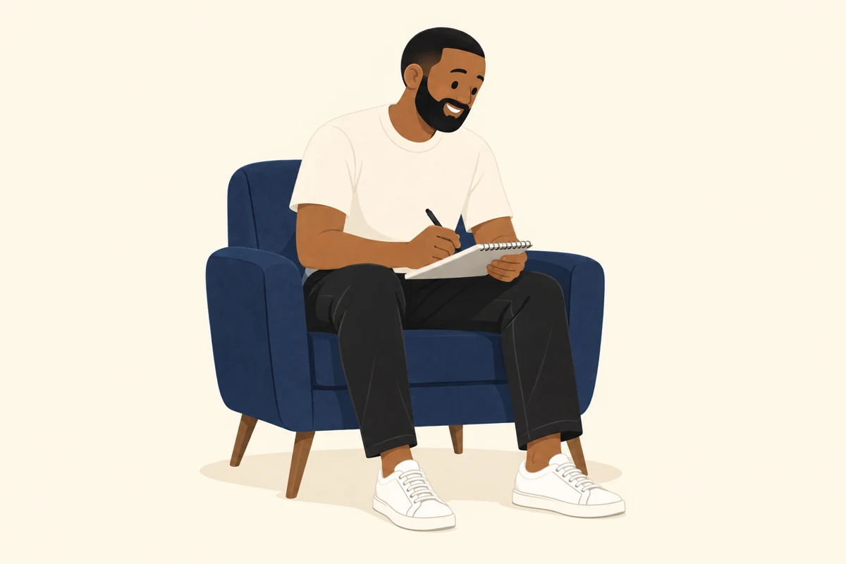Jeremy sitting in a lounge chair, writing in a notebook