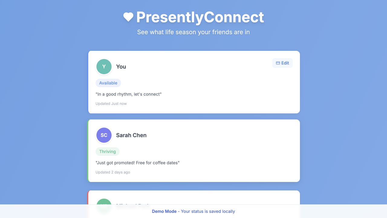 PresentlyConnect demo displaying life-season cards